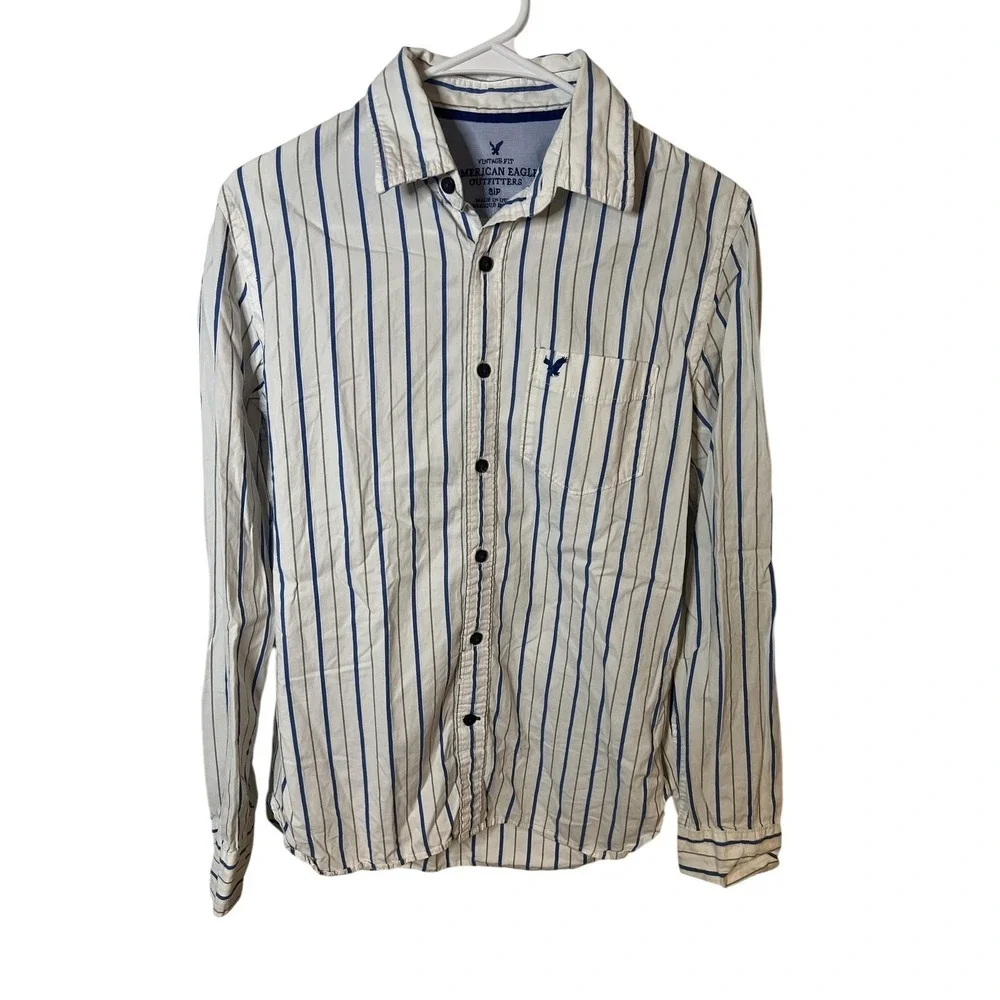 American‎ Eagle Outfitters Shirt Sm White Blue Stripe Vintage Fit Cotton Y2K 00s